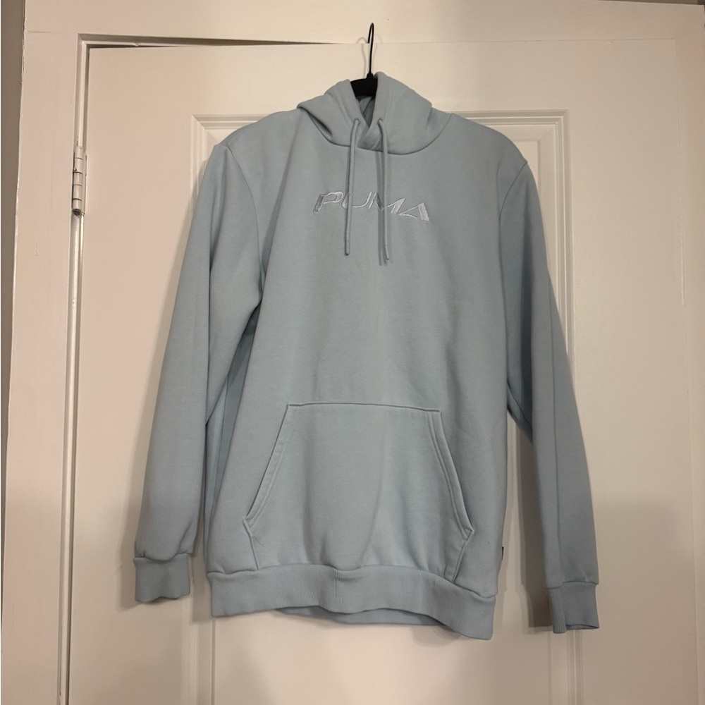 PUMA Men's Tonal Logo Graphic Pullover Hoodie in Light Blue Size Medium